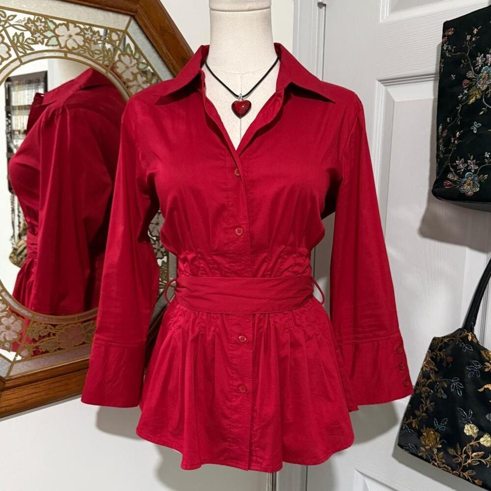 Antilia Femme Bright Romantic Red Long Sleeve Pleated Hem Button Down Top M